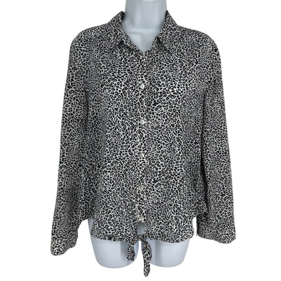 Chico's Leopard Print Button-Up Roll Tab Sleeve Tie Hem Blouse Womens Sz 1 US M - Picture 1 of 14
